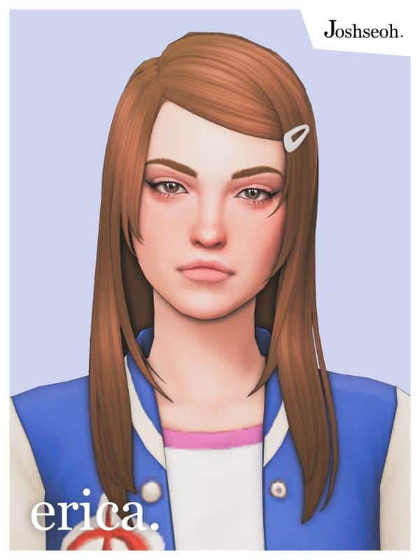 young female sim with a side part hairstyle with a hair clip