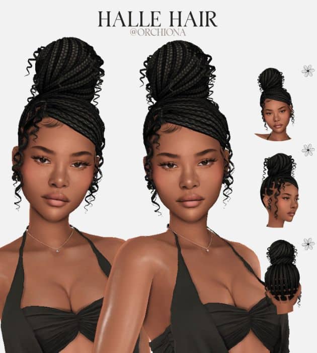 black female sim with a high top braided bun
