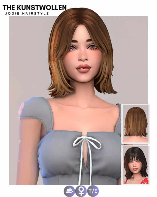 female sim with short straight hair with curtain bangs