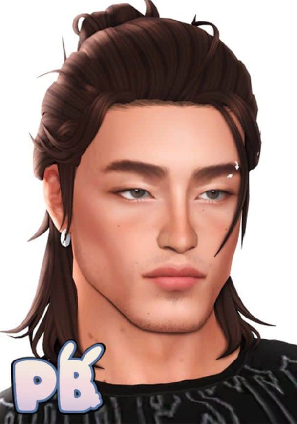 male sim with shoulder length hair and a half updo bun