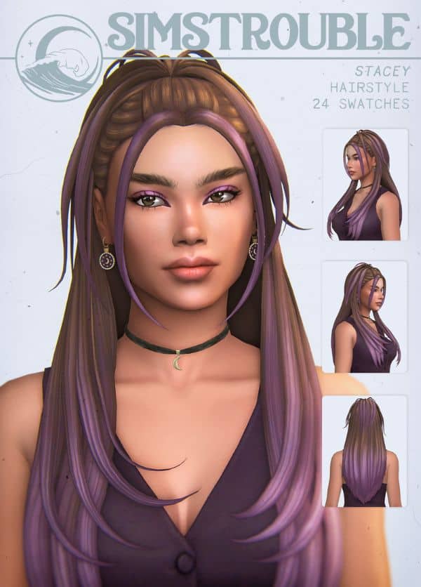 female sim with long hair with purple streaks