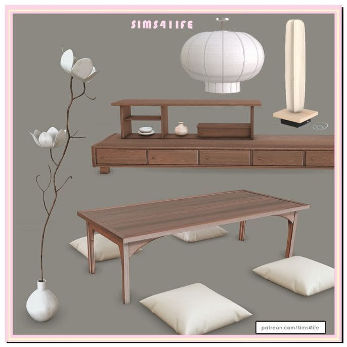 collage of Japanese-inspired furniture and decor pieces