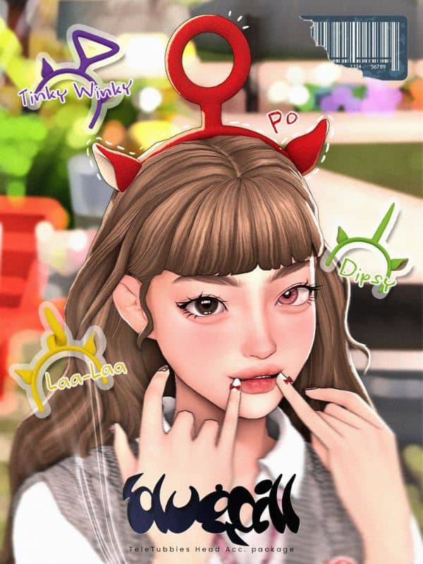 female sim wearing a Teletubbies headpiece