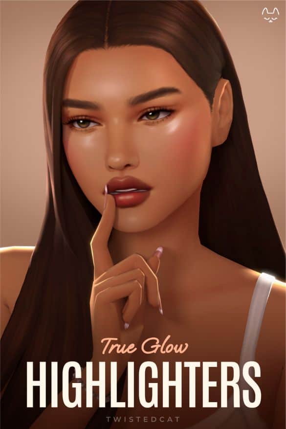 female sim with shinny highlighter on her upper cheekbones