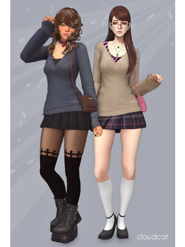 female sims wearing tank tops, sweaters and pleated mini skirts