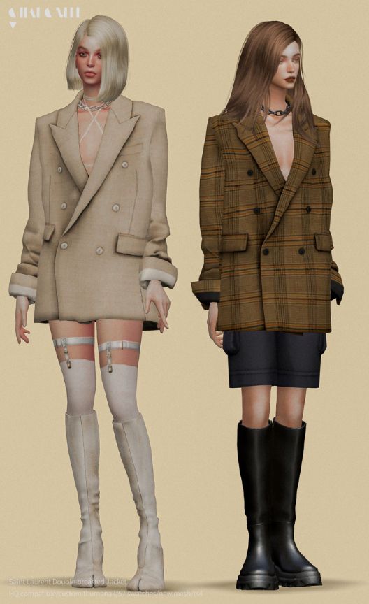female sims wearing oversized double-breasted jackets