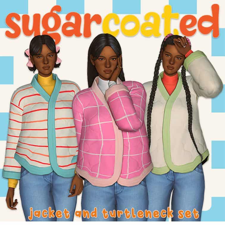 female sims wearing turtleneck and casual jackets