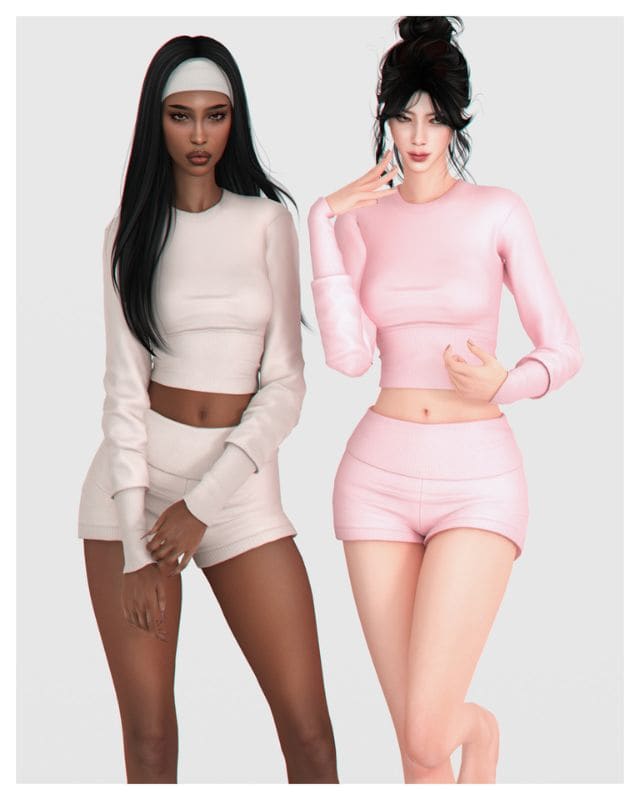 female sims dressed in sweatshirts and shorts