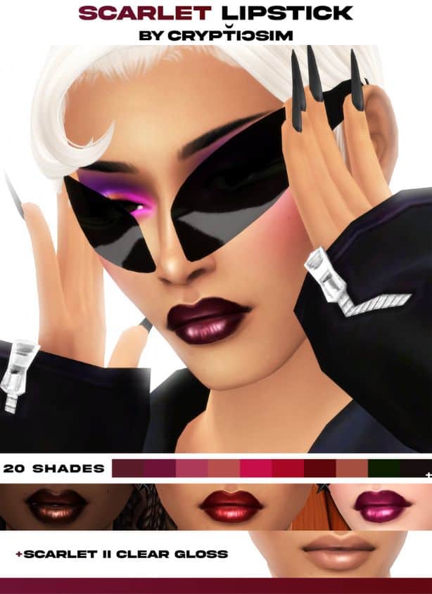 female sim wearing a dark purple lipstick with shine