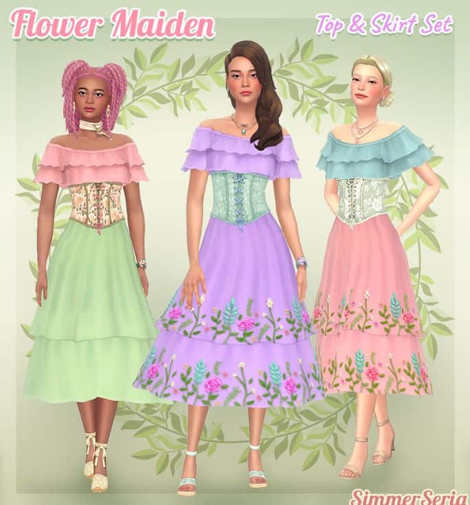 female sims dressed in off-the-shoulder tops and flowy skirts with embroidered details