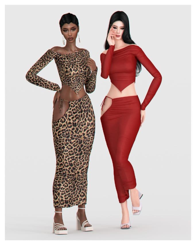 female sims dressed in a top and skirt outfit
