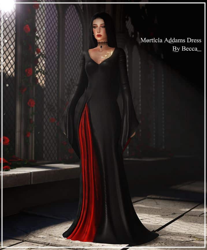 female sim dressed in a Morticia Adams inspired dress