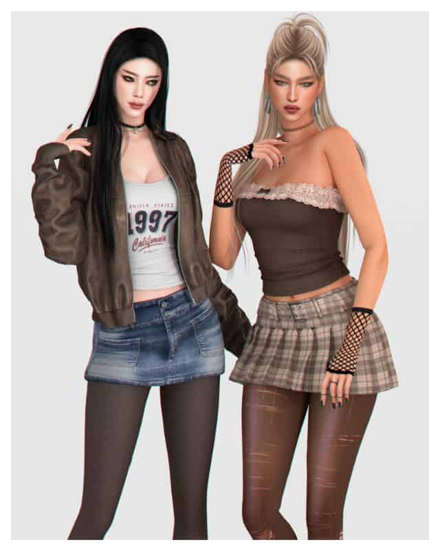 female sims dressed in edgy tops and mini skirts