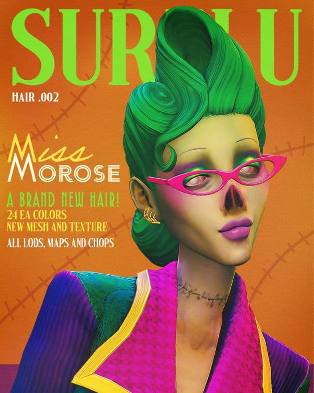 sim with a green hairstyle and colorful clothes and accessories