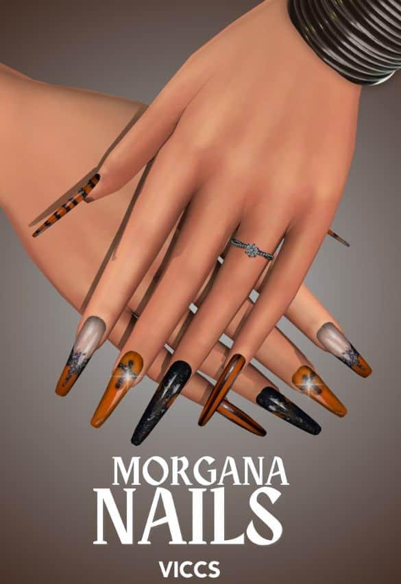 orange and black long coffin shaped nails