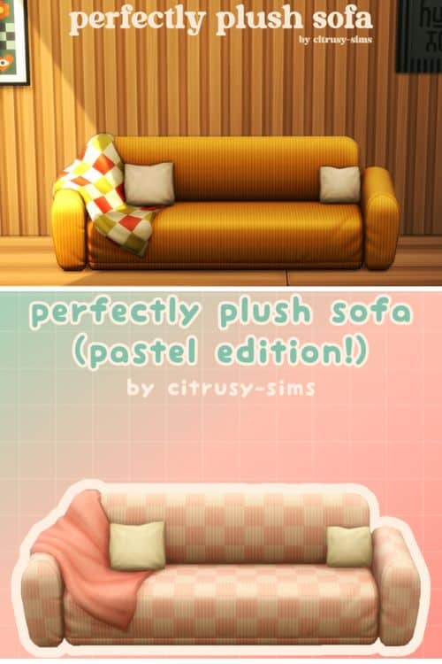a orange sofa and another one in a pastel punk and light beige pattern