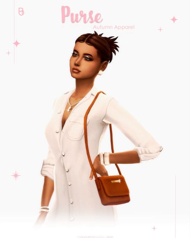 female sim wearing a brown purse