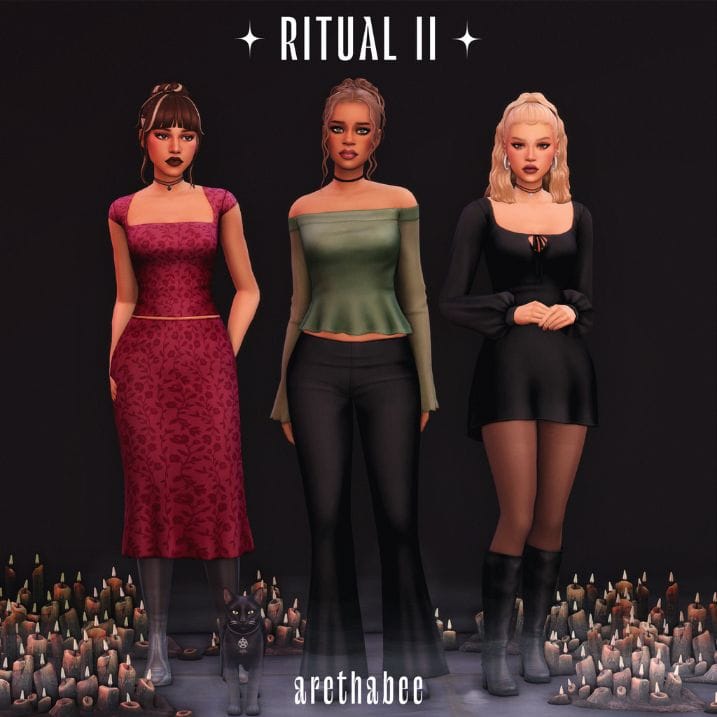 female sims dressed in casual witchy clothes