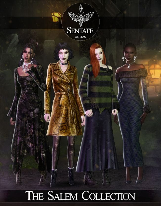 female sims dressed in dark, 90s inspired clothes