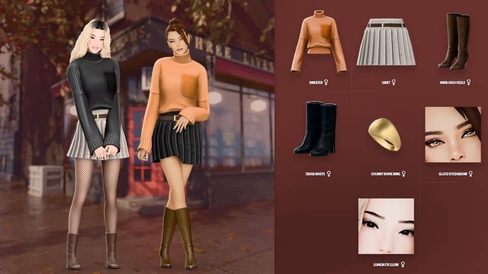 female Sims dressed in sweaters and pleated skirts