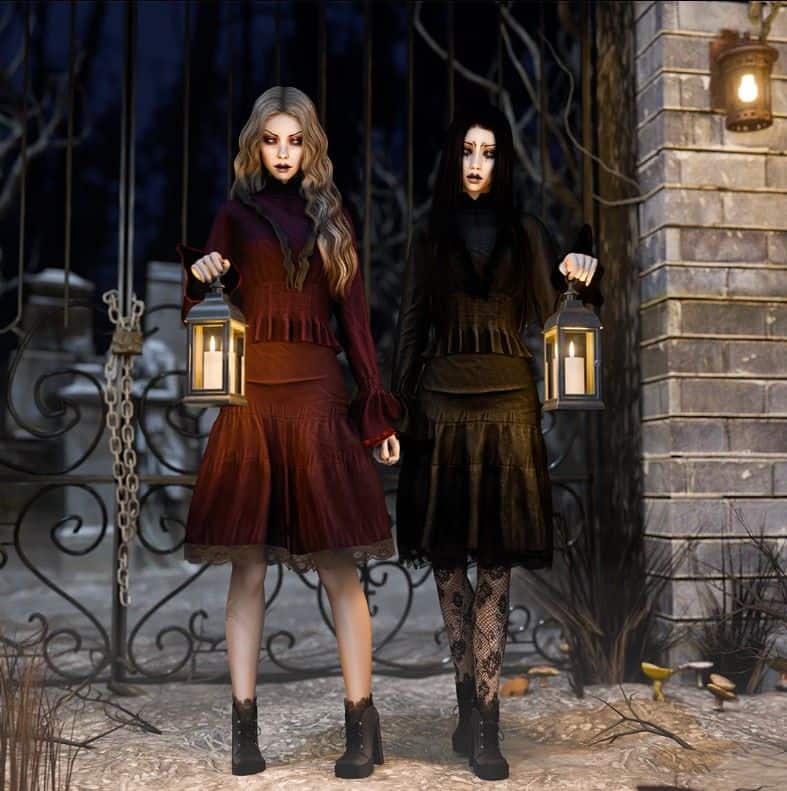 female sims dressed in a goth aesthetic