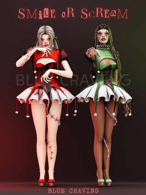 female sims dressed a scary clowns in mini dresses
