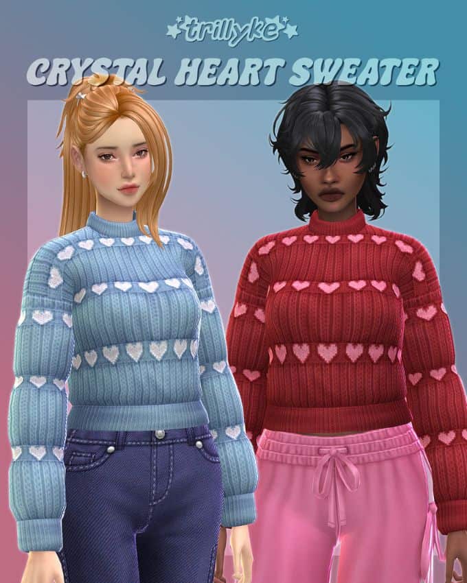 female sim wearing knit sweaters with hearts