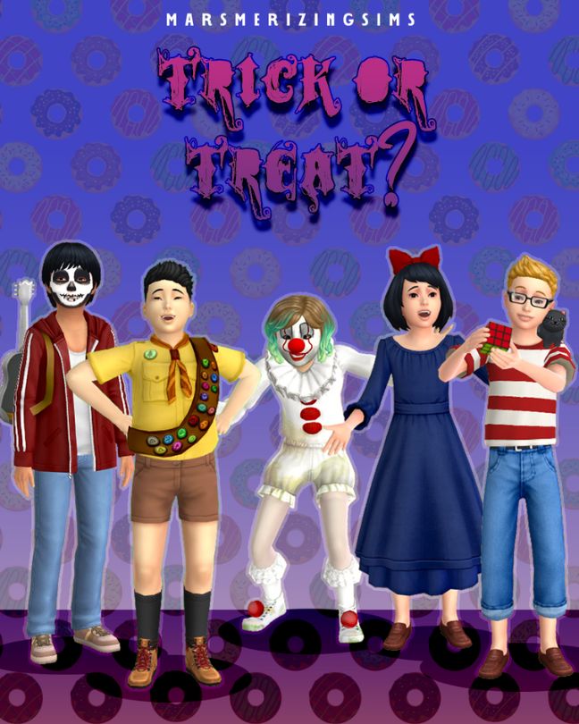 sim kids dressed in mixed Halloween costumes