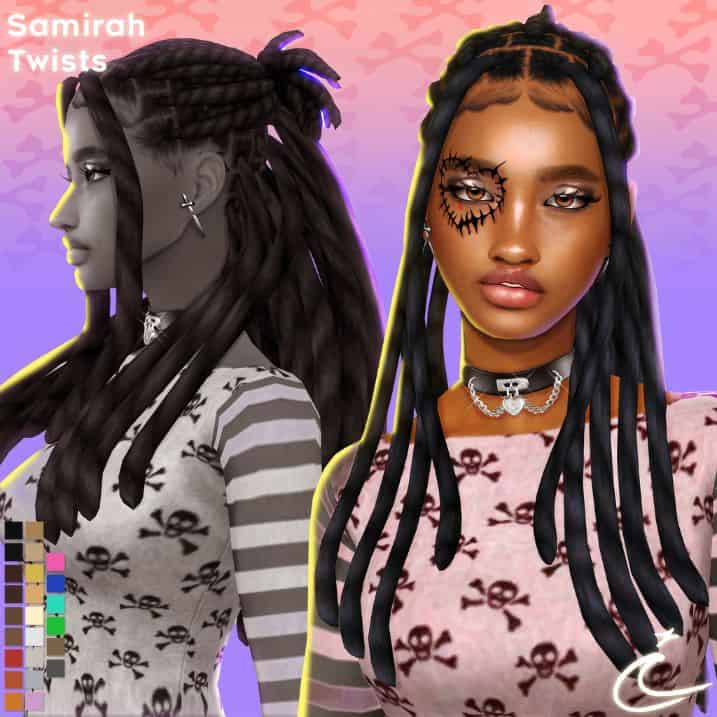 black female sim with long twists, half partially tied up