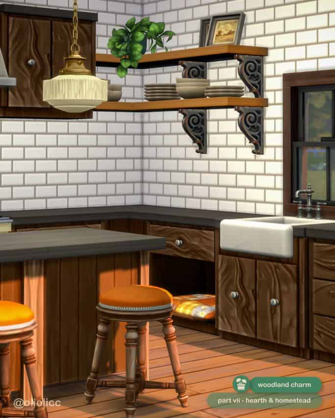a wooden and white brick kitchen