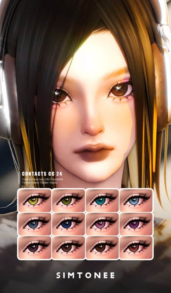 female sim with large brown contacts and more swatches shown in a table