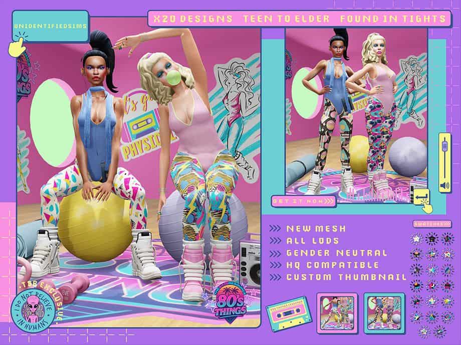 female sims wearing aerobics leggings with 80s patterns