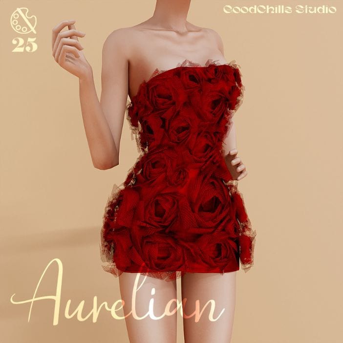 close up of a sim wearing a strapless red dress