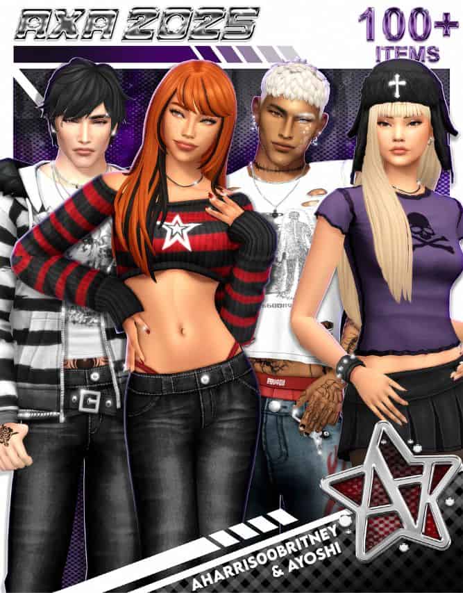 four sims dressed in alternative fashion, grungy vibes clothing