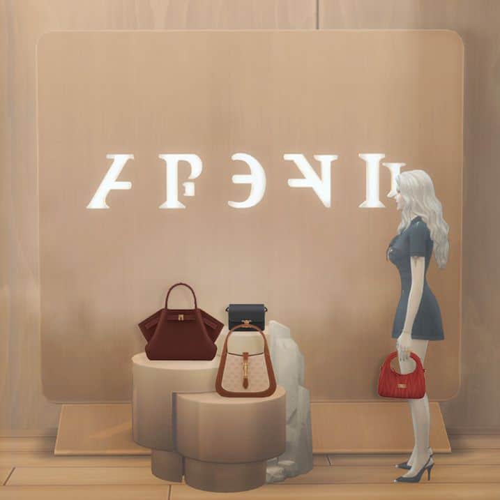 a sim standing by fashionable bags on display
