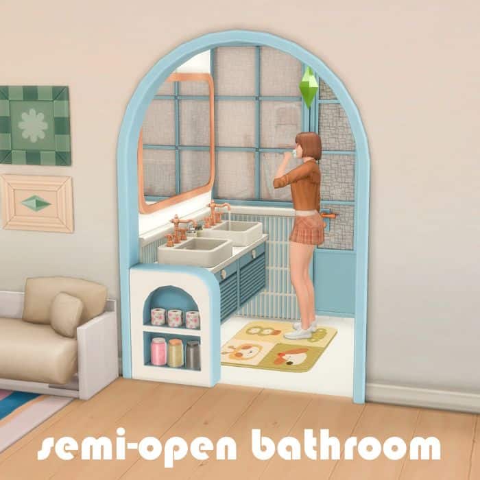 female sim standing in a open bathroom doorway