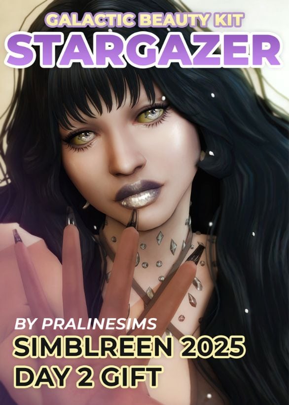 female sim with lustrous eyes, eyeball piercings and shinny lipstick