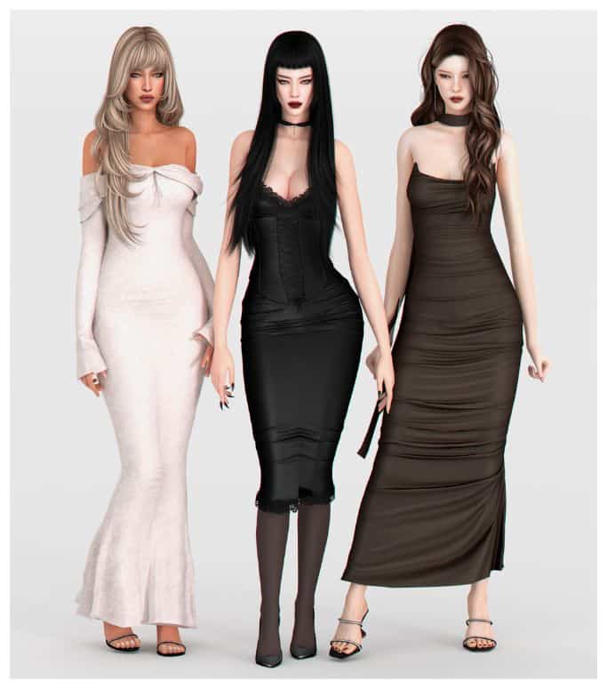 three female sims wearing figure-hugging stylish dresses