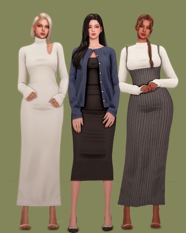 three female sims wearing office-ready clothing