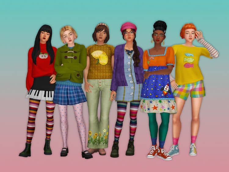 female sims dressed in colorful, and whimsical clothing pieces