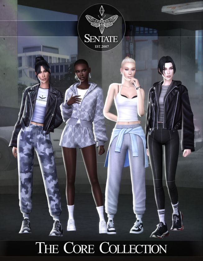 female sims dressed in activewear clothing and some with leather jackets