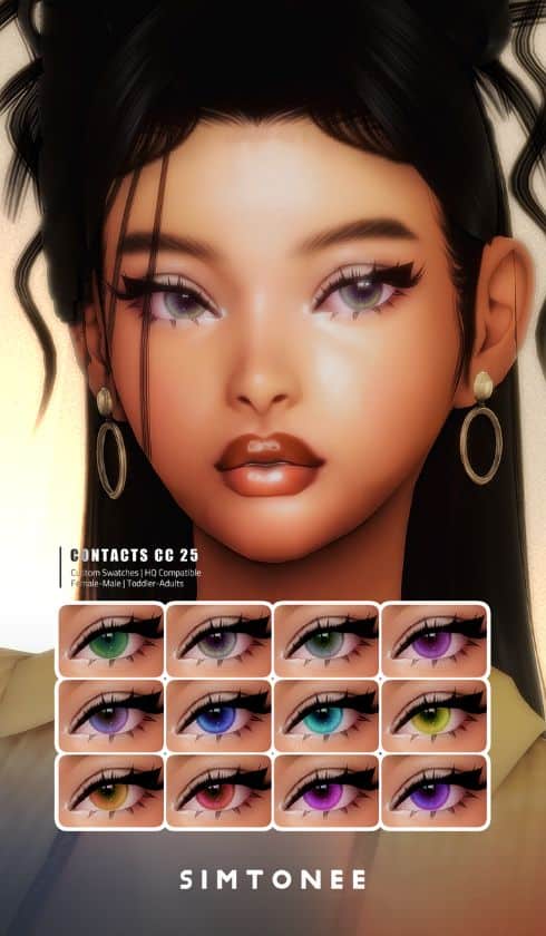 female sim with light green contacts and more colors shown in a table