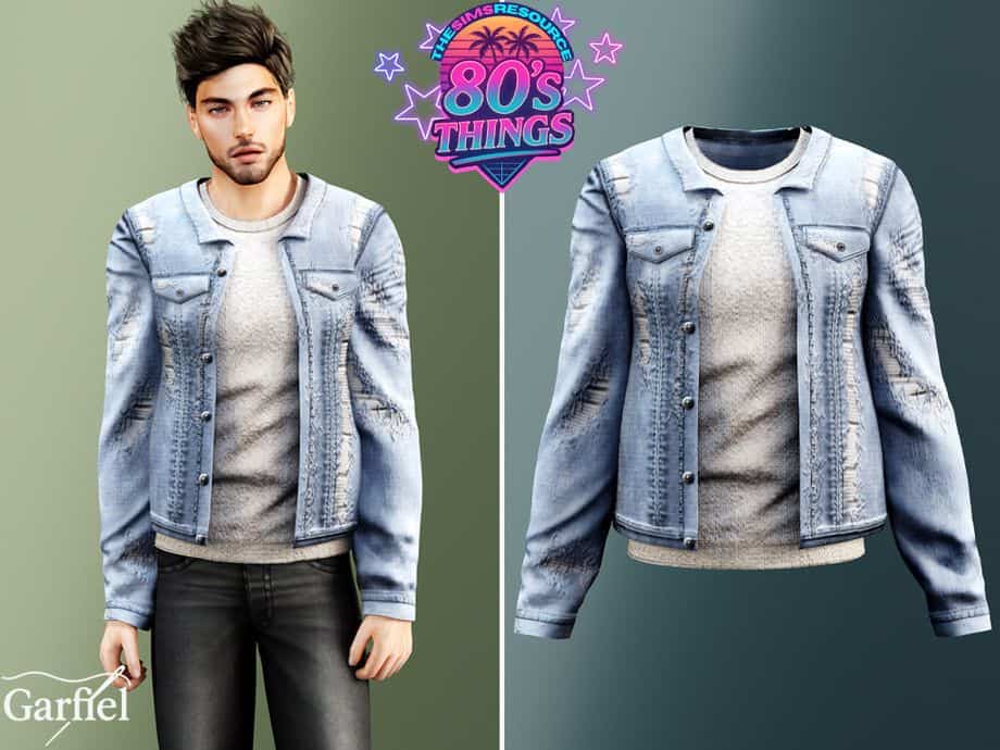 male sim wearing a distressed denim jacket with a sweater underneath