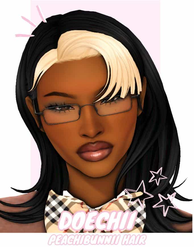 female sim with black hair and bleach blond bangs