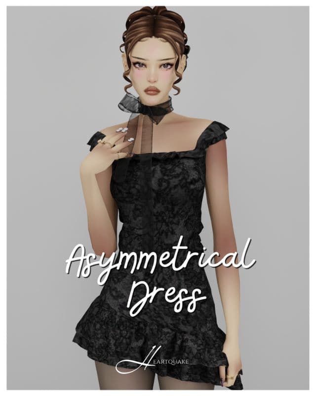 female sim wearing a short, lace, asymmetrical dress