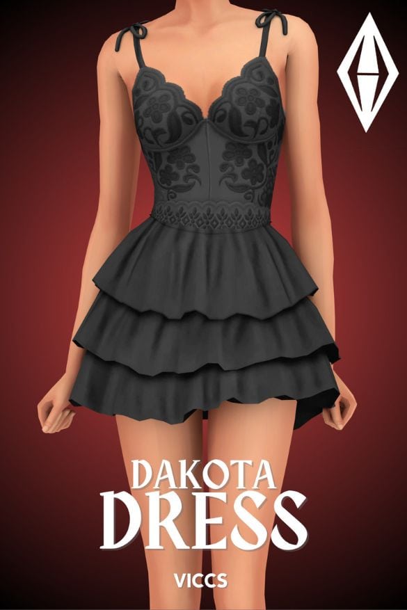 black dress with lace details on top and frilly layers for the skirt portion