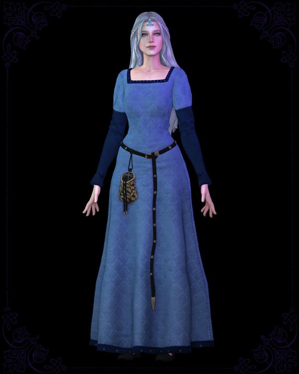 female sim wearing a blue Medieval dress