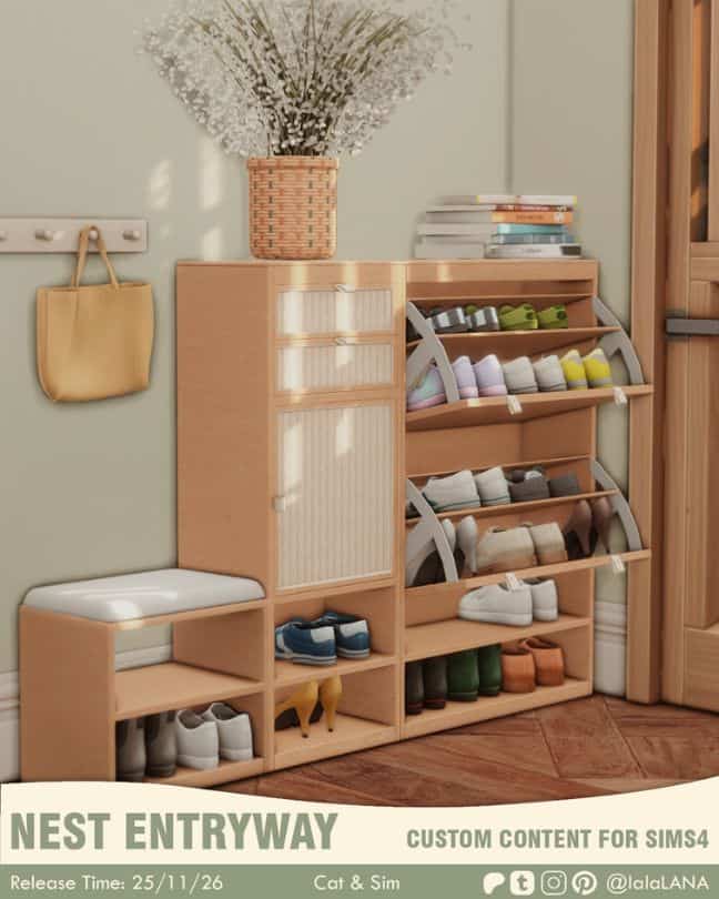 a beige, wooden entryway shoe unit