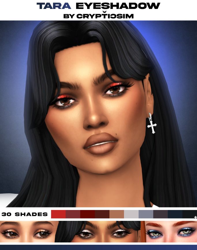 female sim with reddish gold eyeshadow