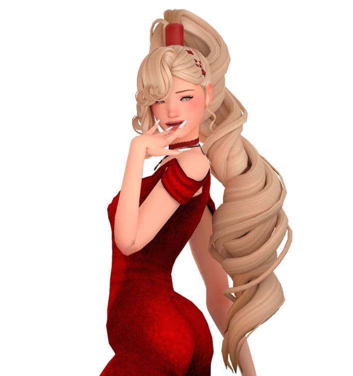 female sim with an extremely long high top ponytail